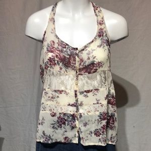 Burgundy and cream semi sheer polyester tank top. Large